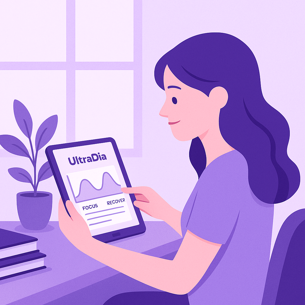 Illustration of a woman using UltraDia on a tablet in a calm workspace