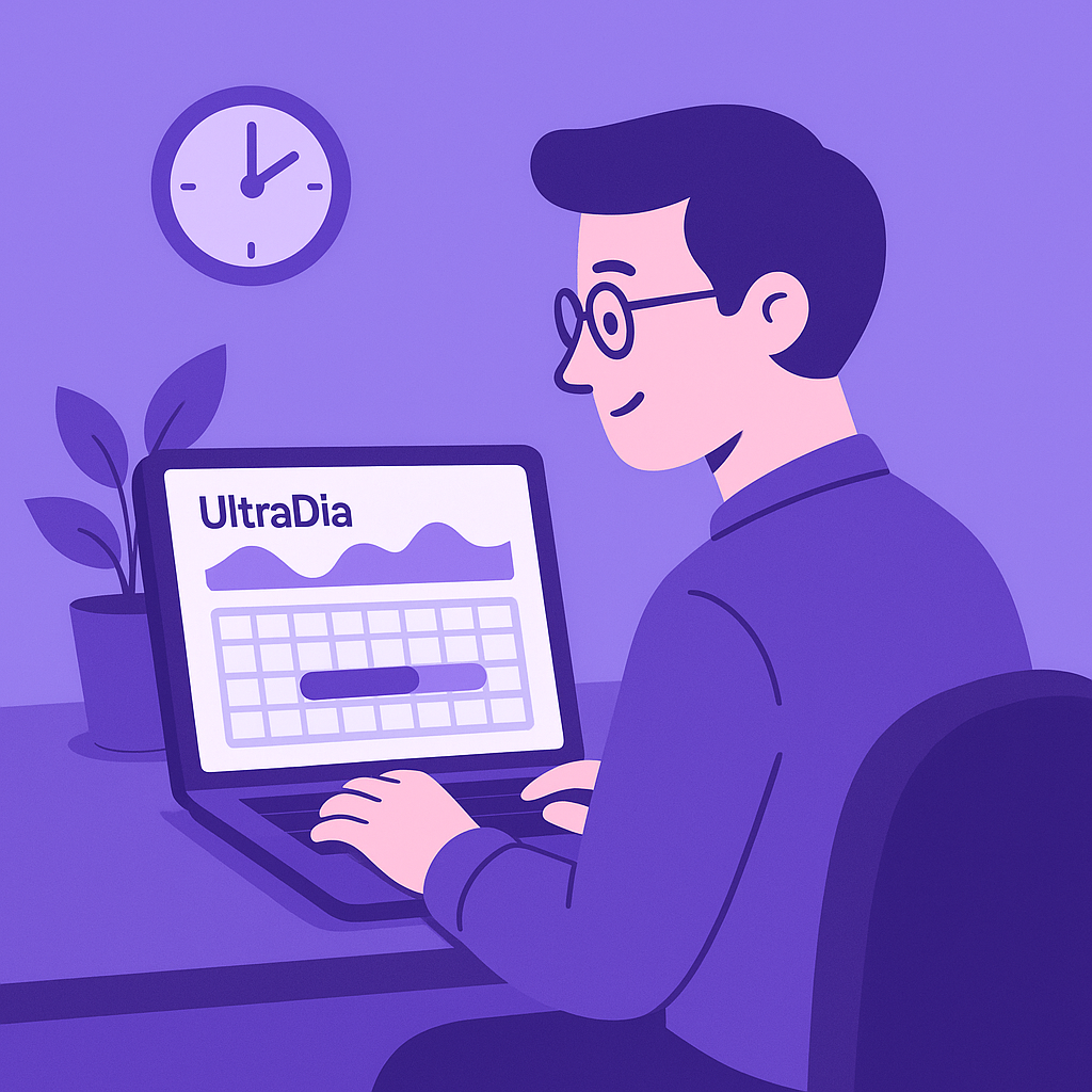 Illustration of ultradian rhythm showing energy peaks and a focused creator at a desk representing UltraDia
